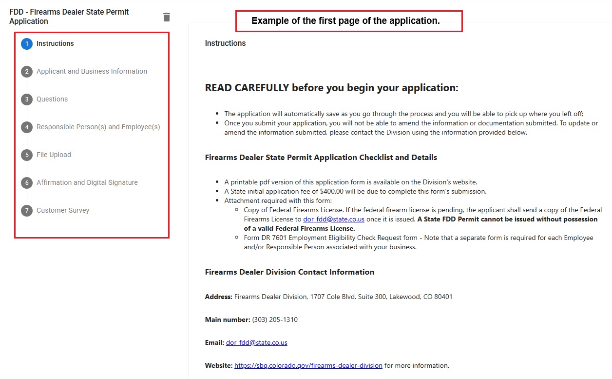 Application steps and sections can be viewed and accessed from here.