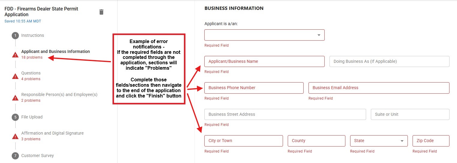 Review errors or complete required fields and sections.