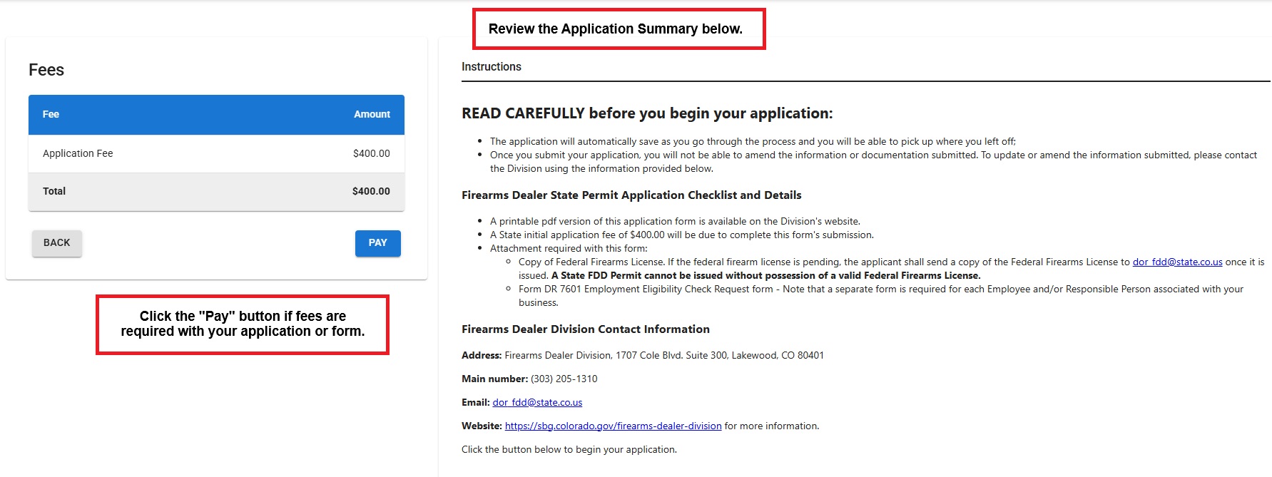  Review the application/form summary and click the "Pay" button if fees are required.