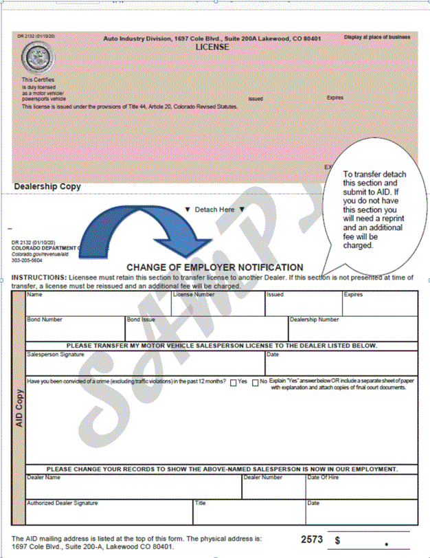 Salesperson Transfer A License Auto Industry Division Dor Sbg