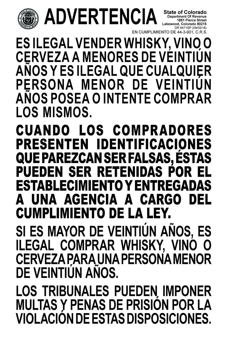Liquor Minor Warning Sign (Spanish Version)