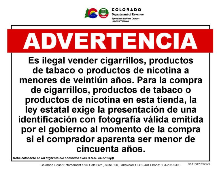 Tobacco Warning Sign 21+ (Spanish)